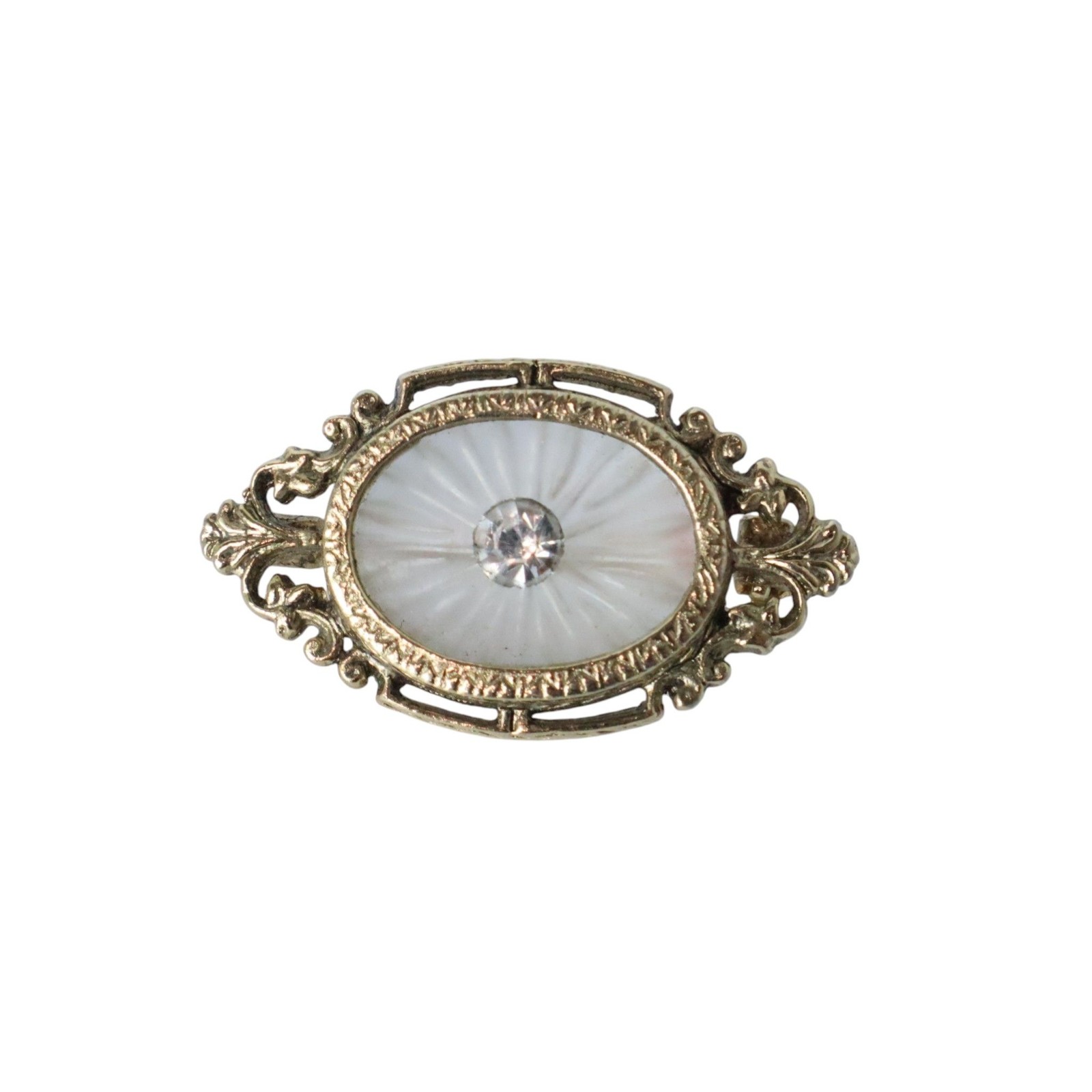 Vintage Camphor Glass Rhinestone Brooch Pin Gold Tone Filigree Oval Art Nouveau