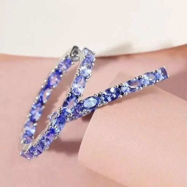 4Ct Oval Lab Created Tanzanite Inside-Outside Hoop Earrings White Gold Plated