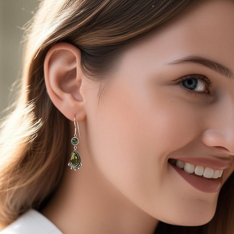 Handmade Peridot Dangle Earrings Antique Silver Teardrop Gemstone Jewelry
