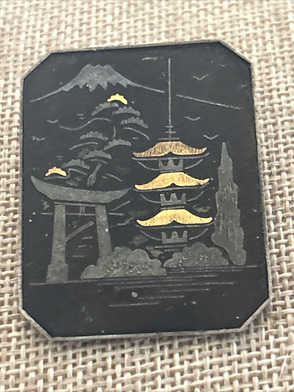 VTG Japanese Damascene 24K Gold Silver Inlay Brooch Mt Fuji Pagoda BROOCH PIN