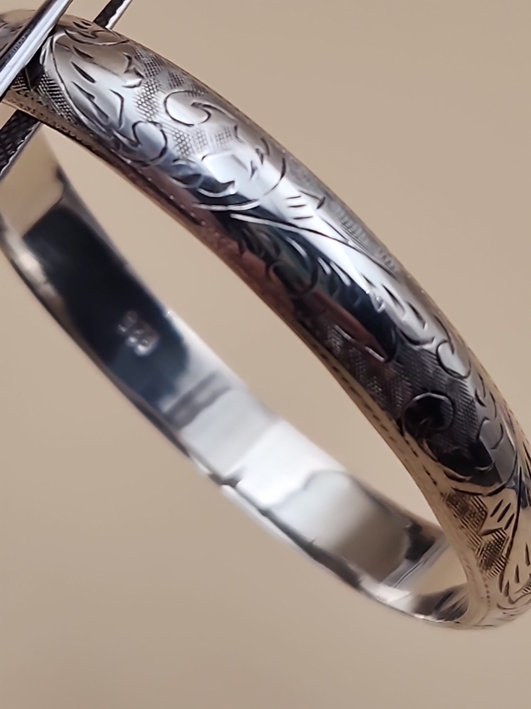 Sterling Silver Vintage Hand Engraved/Hinged Cuff Bracelet With Safety Chain