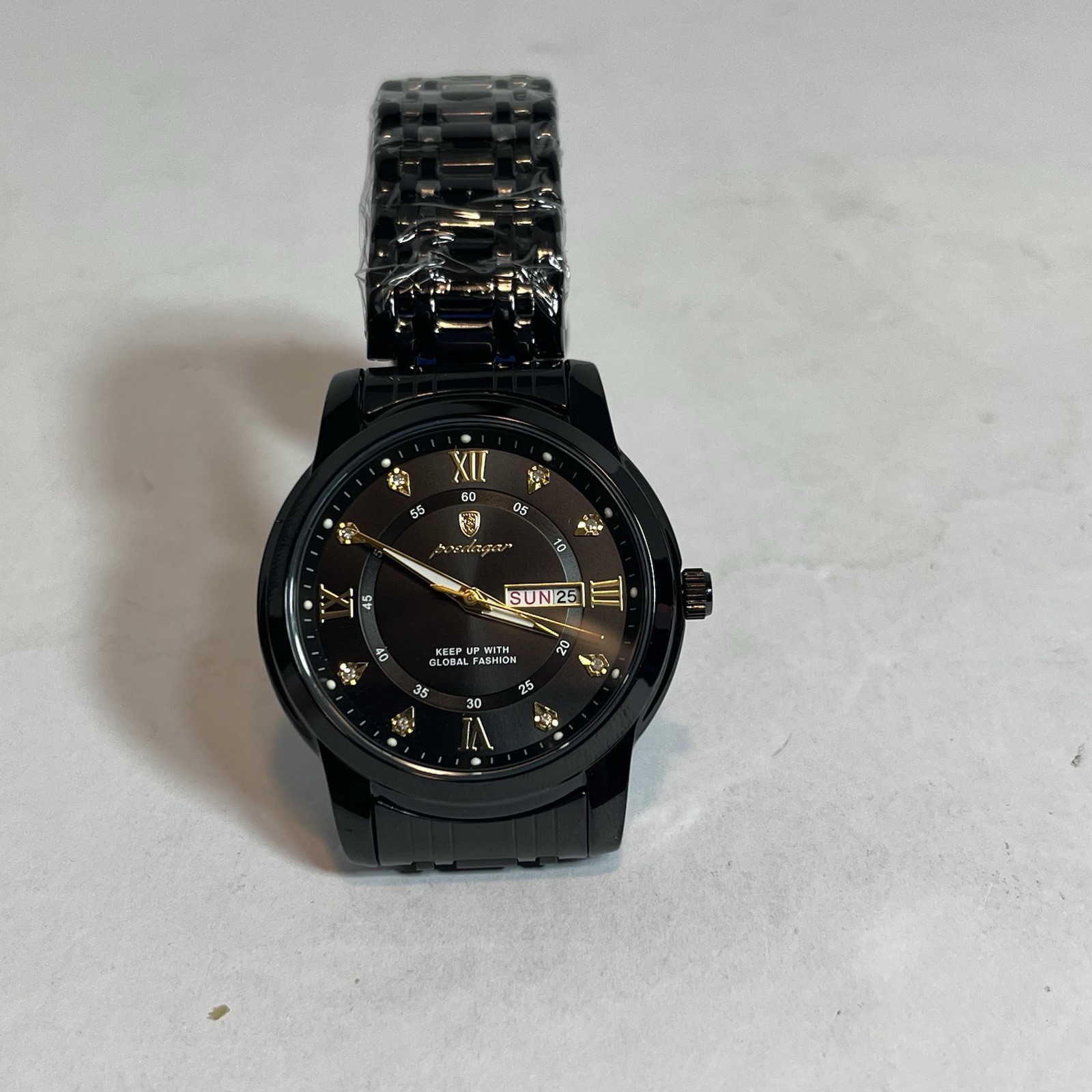 POEDAGAR 910 Mens Black Gold Rhinestone Day Date Quartz Bracelet Watch New