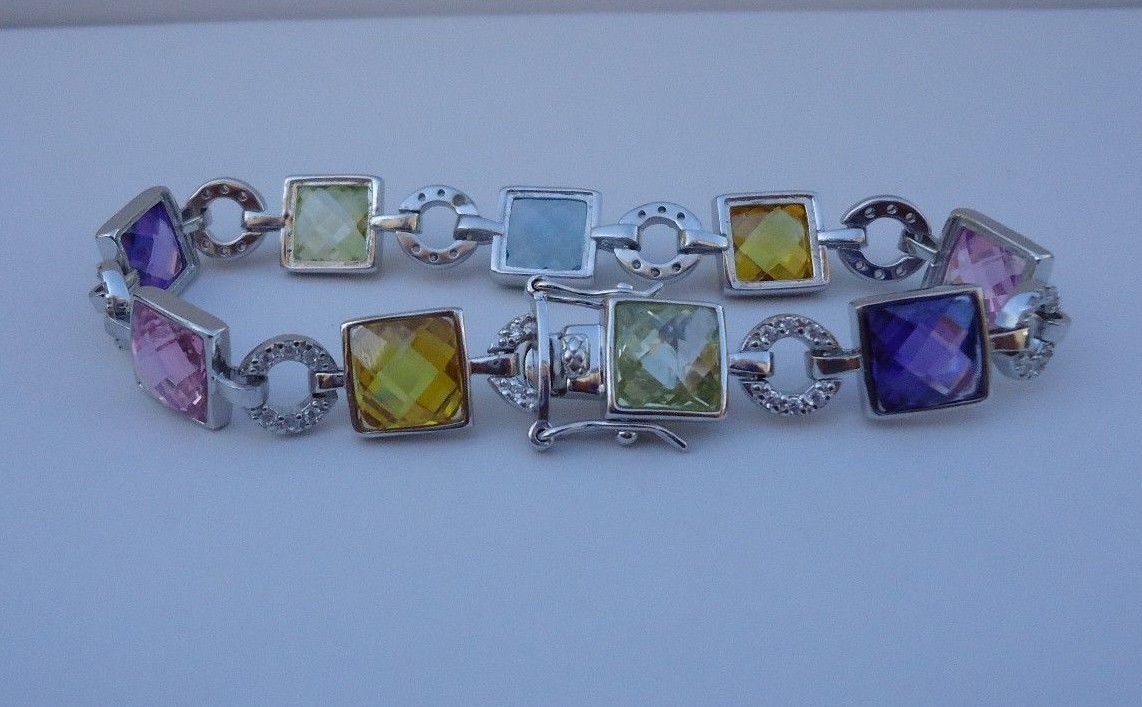 STERLING SILVER BRACELET 28ct MULTI-COLOR GEMSTONES/ LAB CREATED DIAMOND/ 7.5”