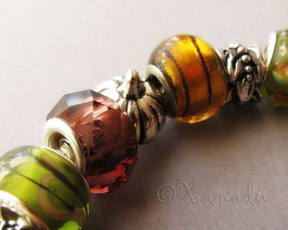 Golden Autumn European Style Charm Bracelet – Gold Green Amber Fall Themed Beads