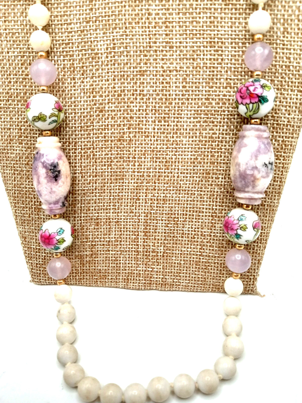 Vintage Porcelain Hand Painted Beads 32 In Necklace w Amethyst and Stone Beads