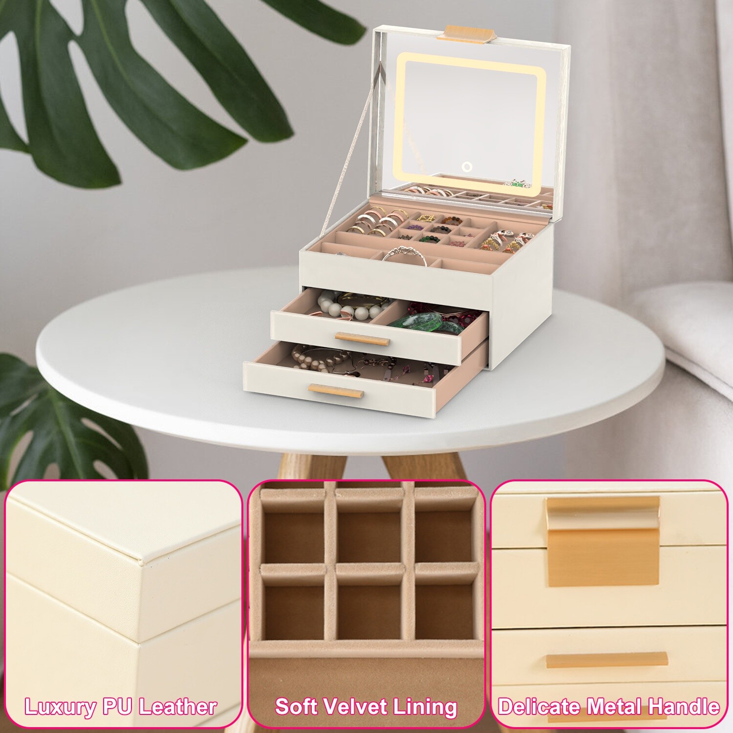 3-Layer Jewelry Box & LED Mirror Jewelry Organizer Earrings Rings Bracelets Box