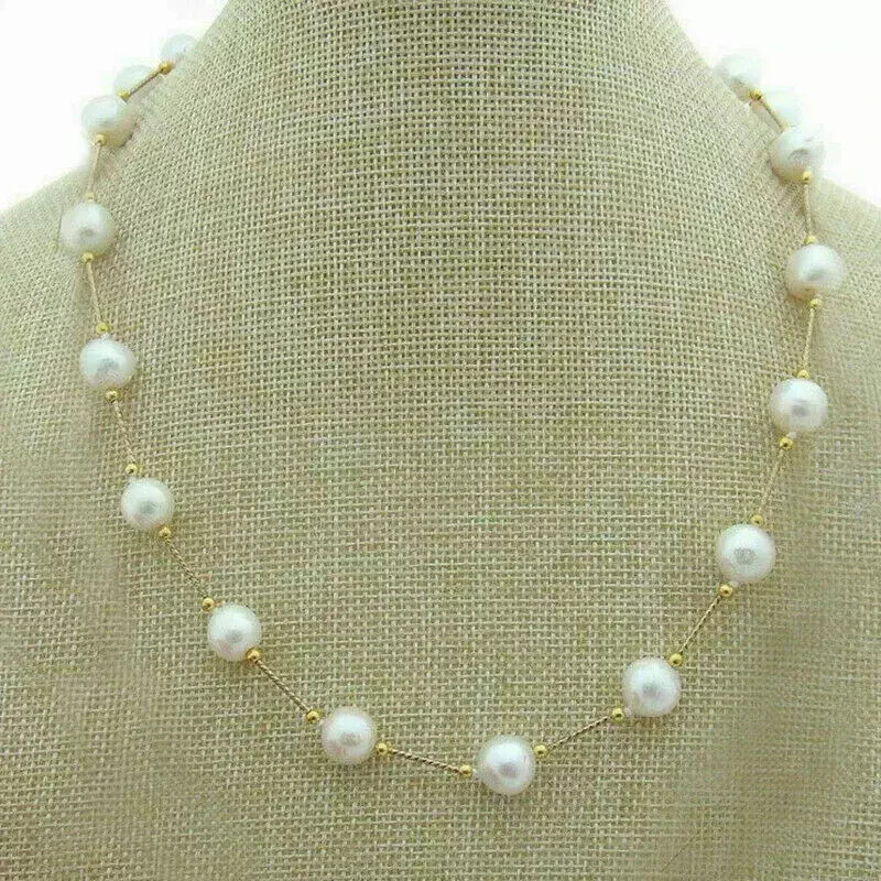 18 inch Akoya new round AAAA 8-9 mm white pearl station necklace 14K Gold clasp