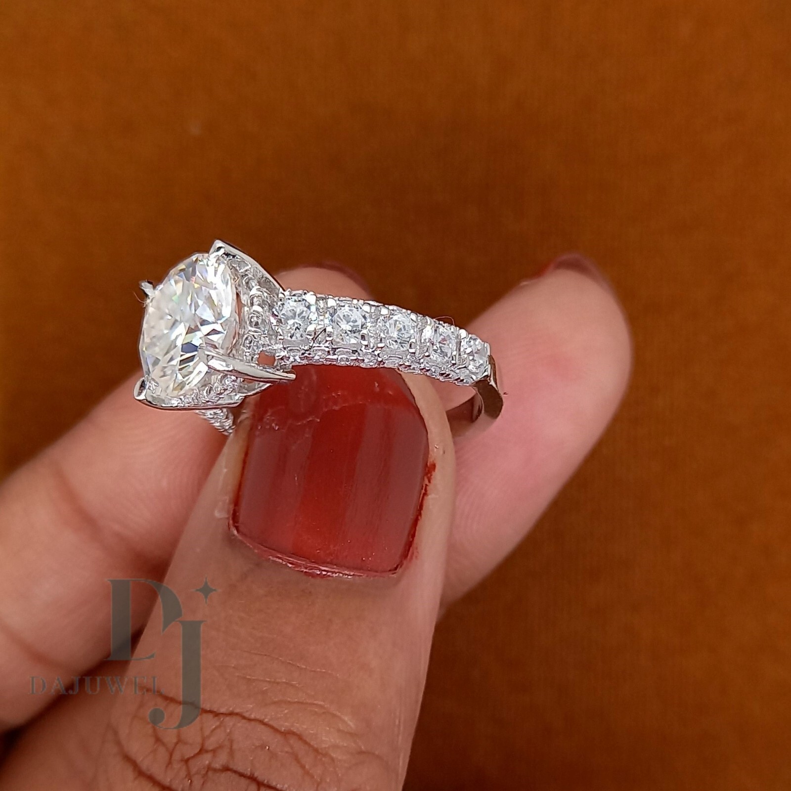 Solid 14K White Gold 3 Ct Excellent Round Cut Moissanite Engagement Ring