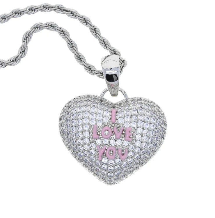 Hip Hop I Love You Heart Pendant Necklace AAA CZ Iced Bling Women Girl Gift Y2K