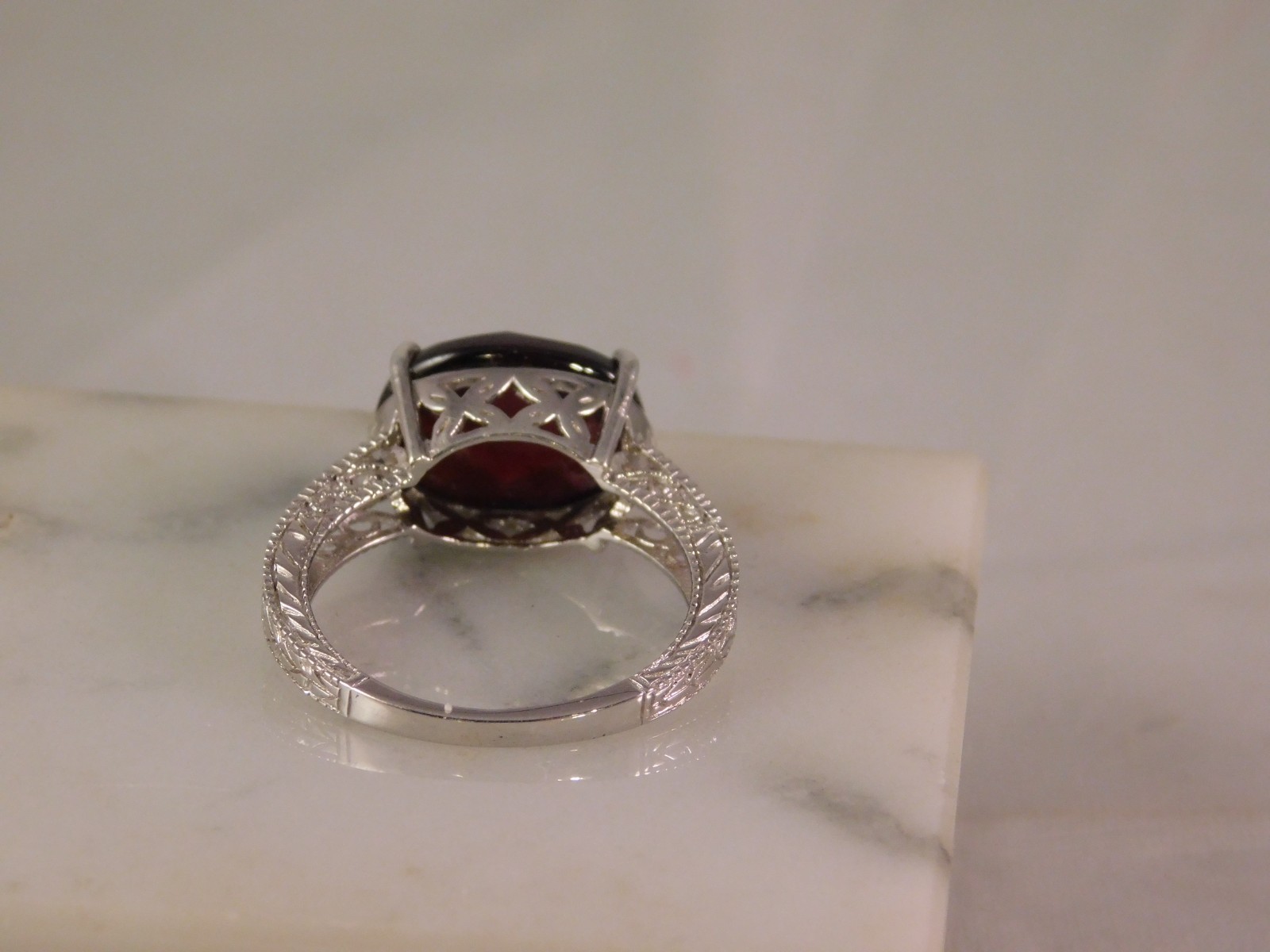 6.80 Ct. Oval Red Rosecut Garnet Ring 1920’s Style Sterling Silver Filigree