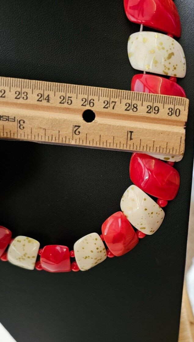 Vintage Red White Plastic Resin Choker Necklace 17″