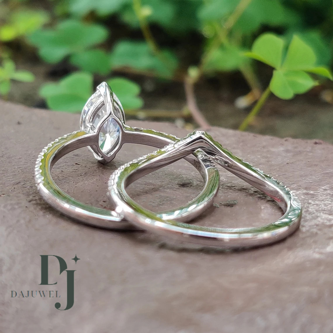 Moissanite Bridal Set Engagement Ring Solid 14K White Gold 2.50 CT Marquise Cut