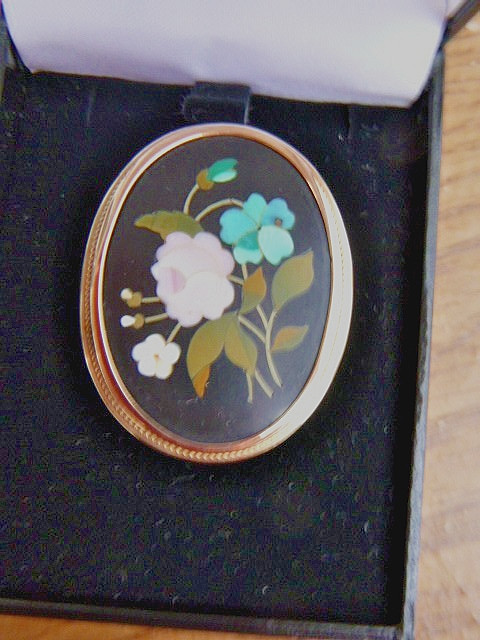 Antique Victorian PIETRA DURA Micro mosaic Pin PENDANT 12K Gold Flower Italy Box