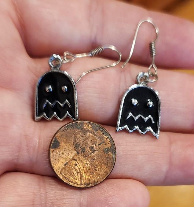 ENAMEL EARRINGS~PAC MAN GHOSTS~SILVER BLACK DANGLE PIERCED .75″ X .5″ FASHION