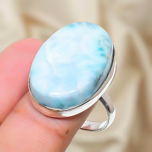 925 Sterling Silver Ring Natural Larimar Gemstone Ring Silver Statement Ring