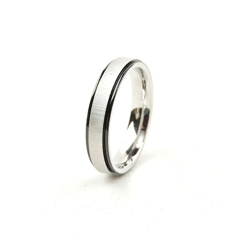 Stainless Steel Brushed 4 mm Wide Comfort Fit Band Ring With Black Accents