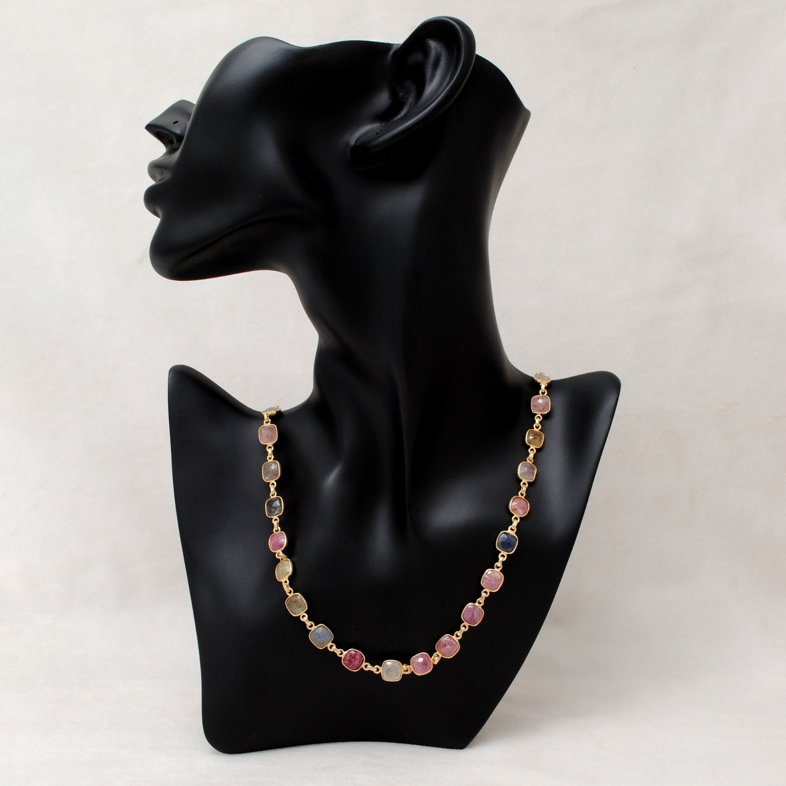 Multi Sapphire Bezel Setting Cushion Gold Plated Necklace Sapphire Necklace
