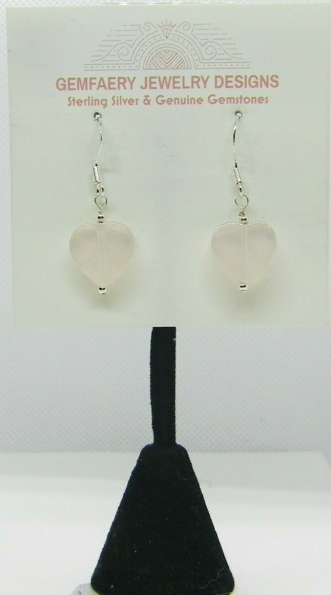 Sterling Silver Carved Natural ROSE QUARTZ Heart Earrings #8324…Handmade USA