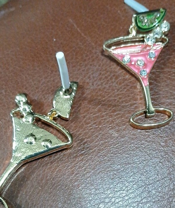 Martini Style Dangle Earrings, Rinestones And Lime Slice. Goldtone Pink Enamel