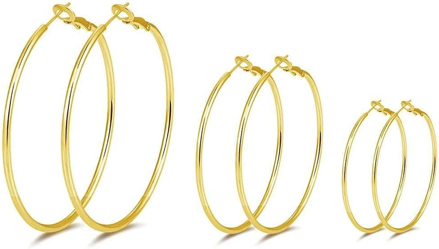 3 Pairs Sterling Silver Hoop Earrings, 14K White Gold Plated Big Hoop Earrings S