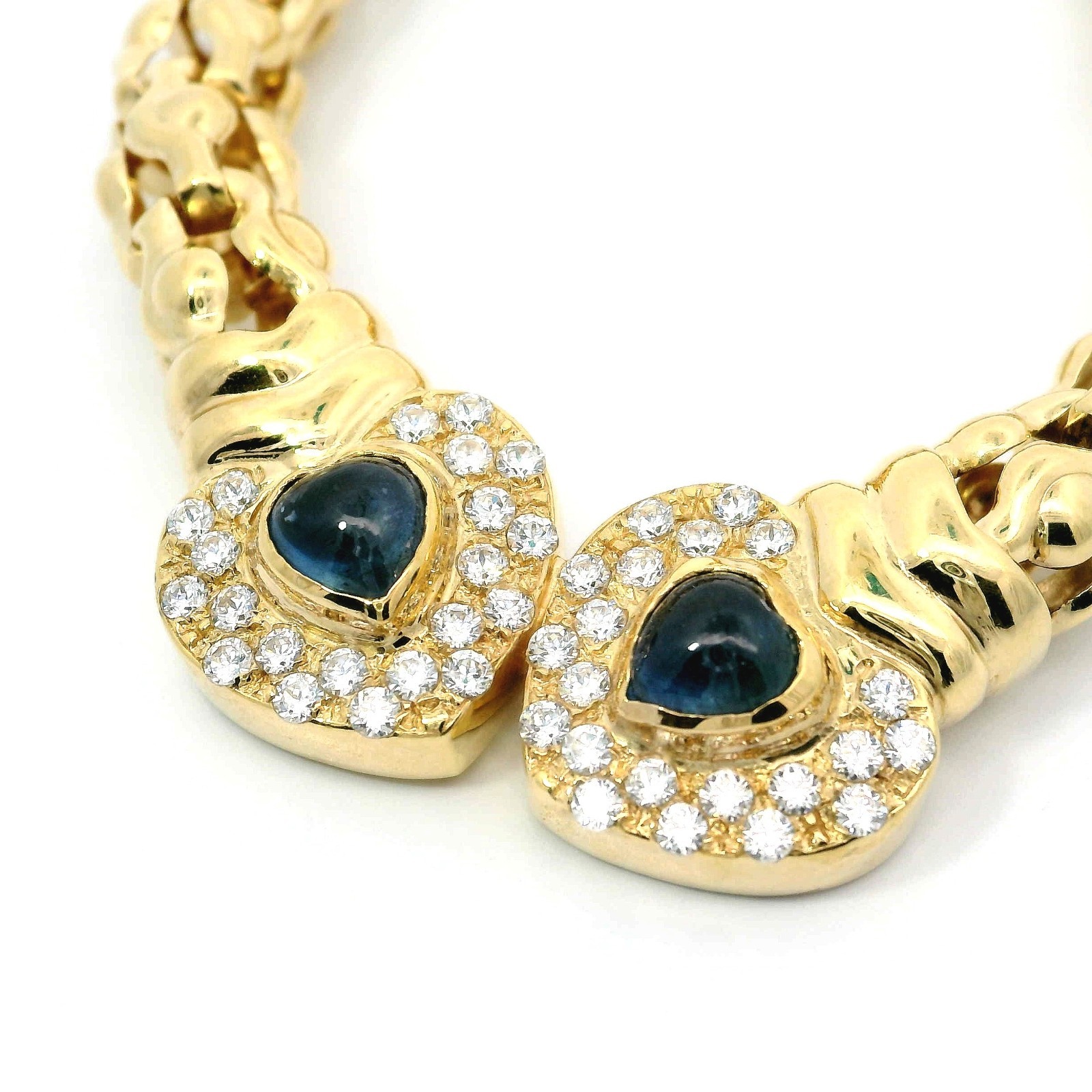 Ladies Chain, Heart Chain, Gold Necklace with Zircon and Sapphires, Yellow Gold 585 14K