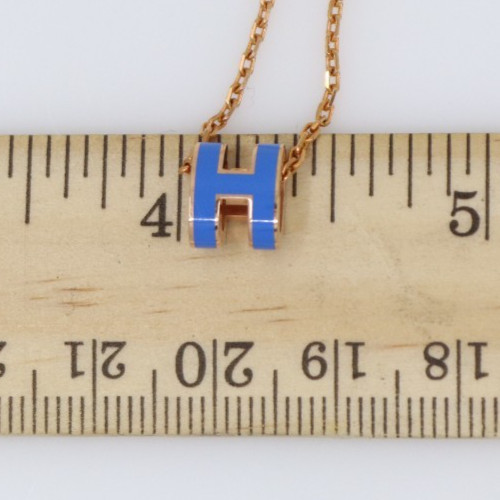 Hermes Mini Pop H Rose Gold Tone & Blue Enamel Pendant Necklace 16″