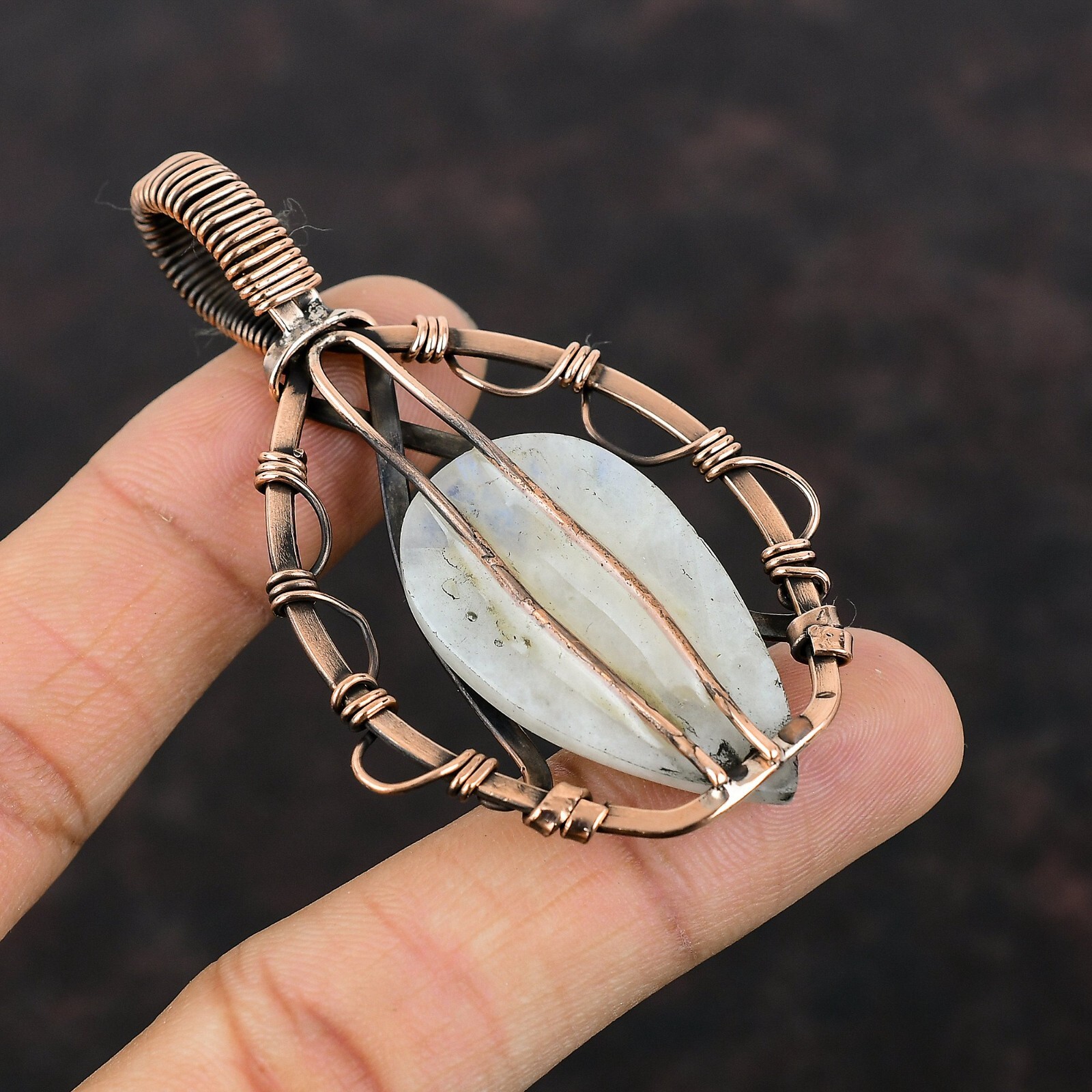 Rainbow Moonstone Wire Wrapped Pendant Handcrafted Copper Designer Jewelry 2.91″