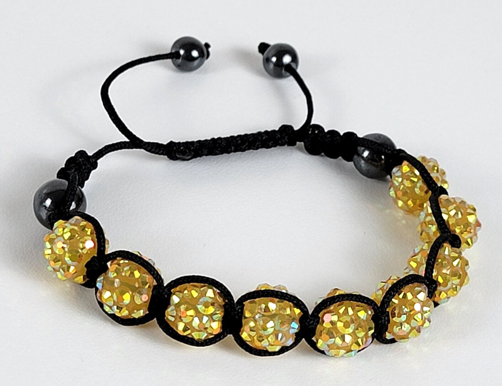 Yellow Crystal & Gray Hematite Charm Cord Slider Bracelet 6-9.5 In Black