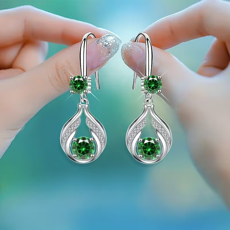 Fashion Shiny Zirconia Teardrop Dangle Earrings Plated White K Women Gift Green