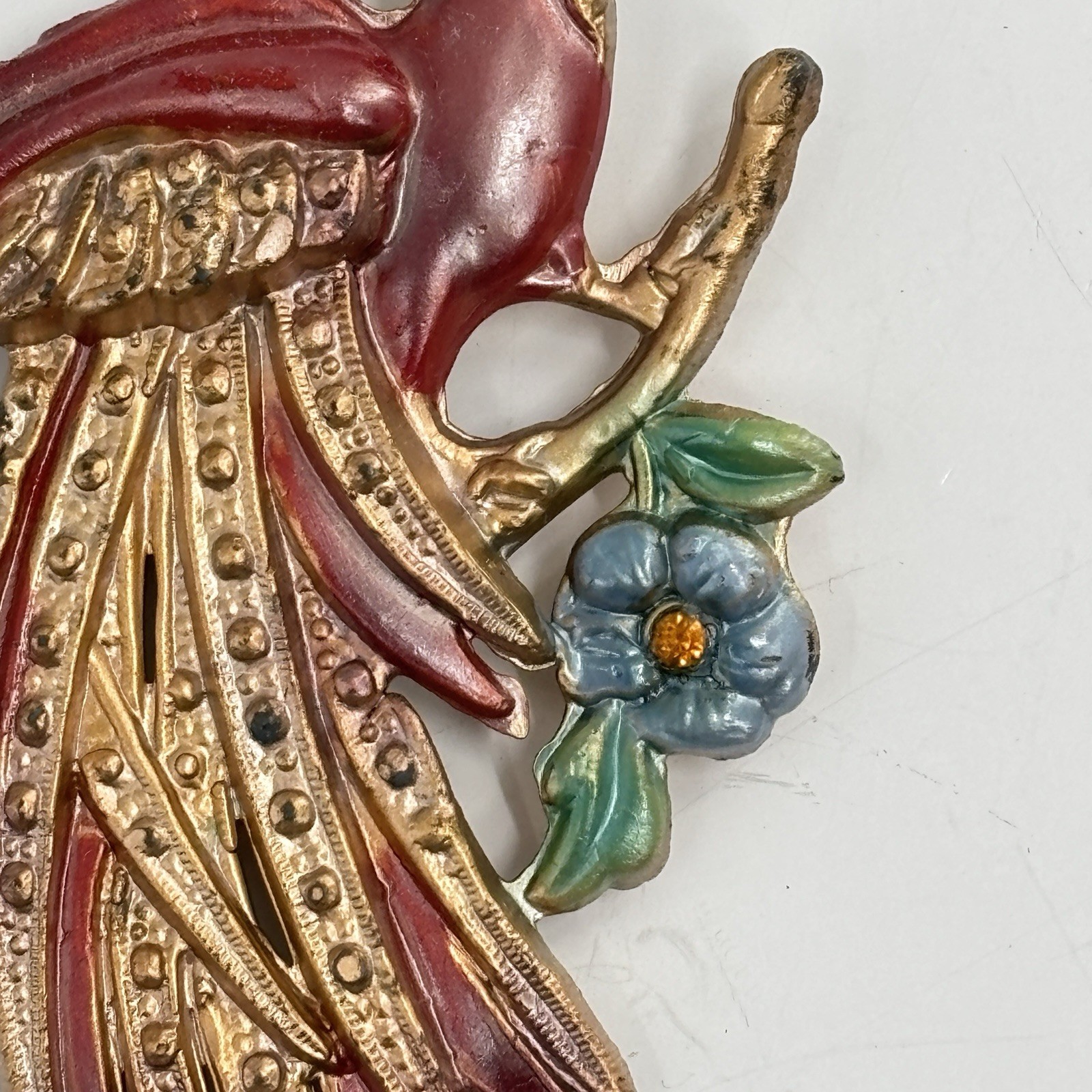 Vintage Pot Metal and Enamel Brooch Pin Exotic Bird Flowers Tropical Paradise
