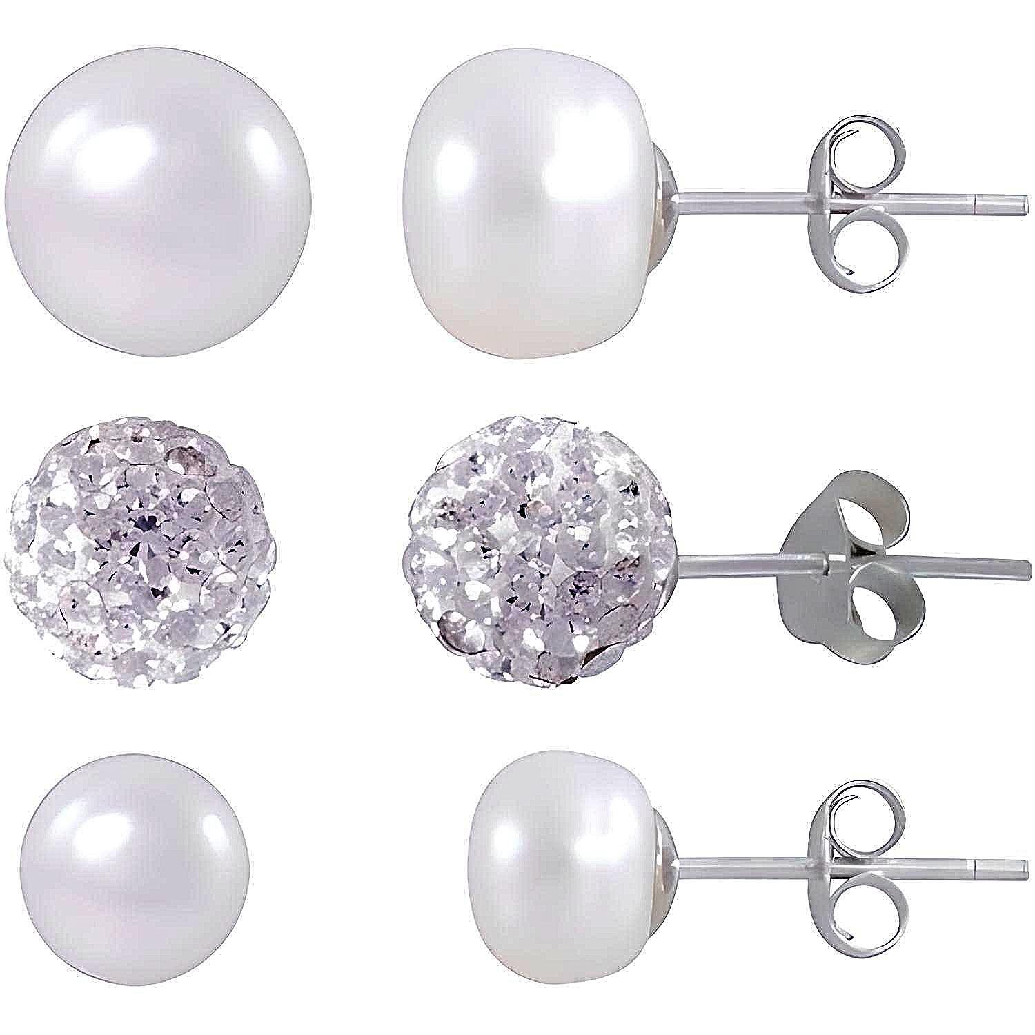 7.5-8mm and 9-9.5mm Pearl and Crystal Accent Sterling Silver Stud Earrings Set