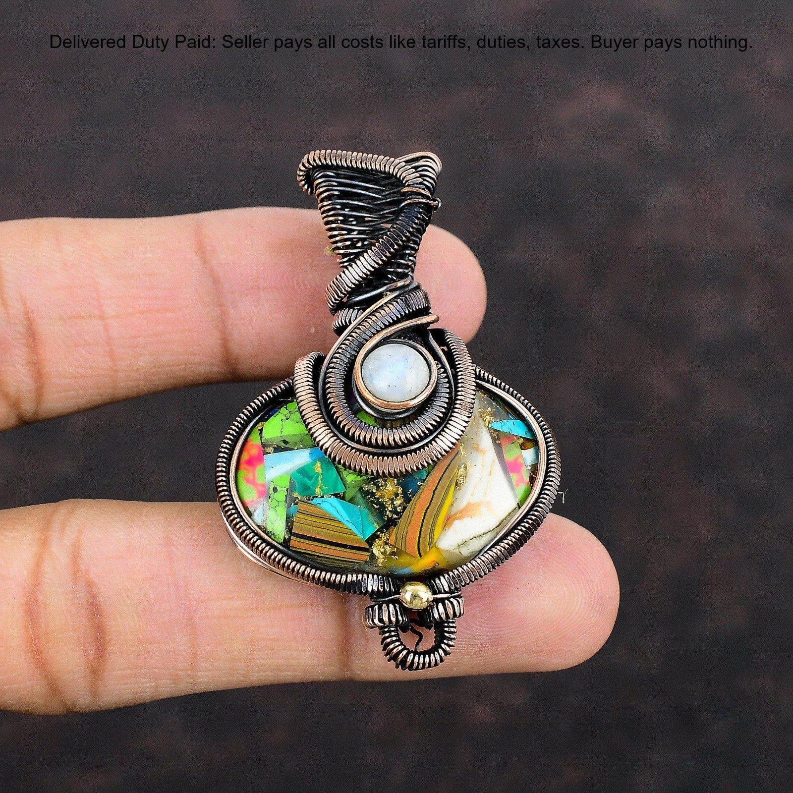 Copper Multi Turquoise Gemstone Rainbow Moonstone Wedding Pendant Jewelry Copper