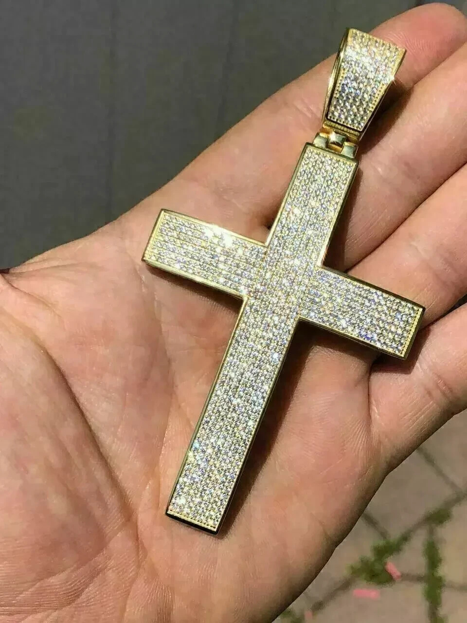 4Ct Round Cut VVS1 Diamond Men’s Large Cross Pendant 14 k Yellow Gold Finish