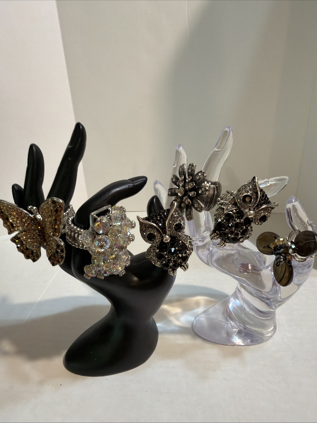 6 PC Lot Lrg Statement Elastic Stretch Rhinestone Rings Butterfly Owl