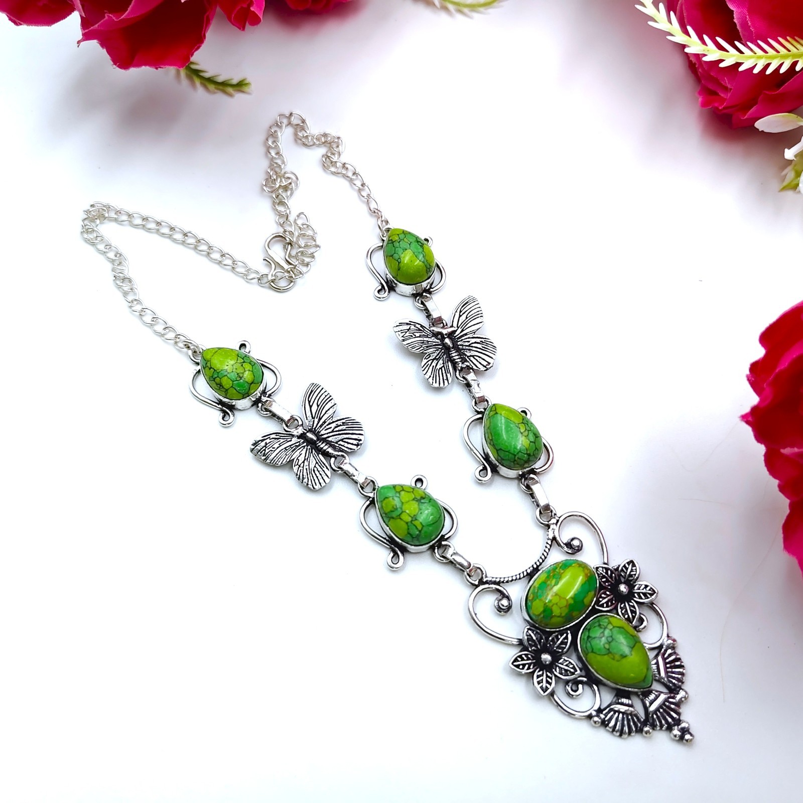 Green Turquoise Gemstone Handmade 925 Sterling Silver Jewelry Necklace Sz-17-18″