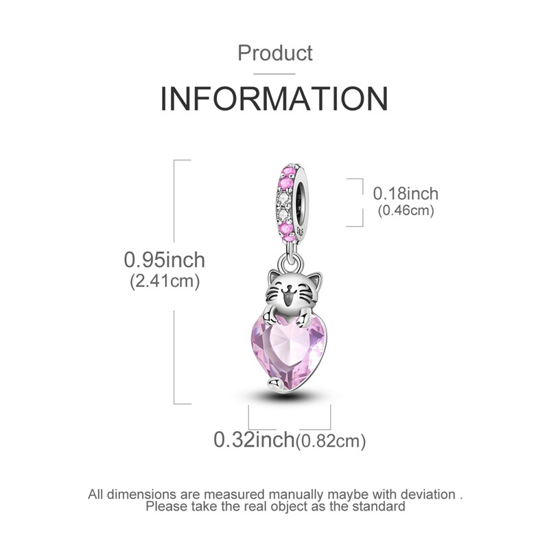 MULA 925 Sterling Silver DIY Charm Pink AAA CZ Cat Heart For Bracelet Necklace