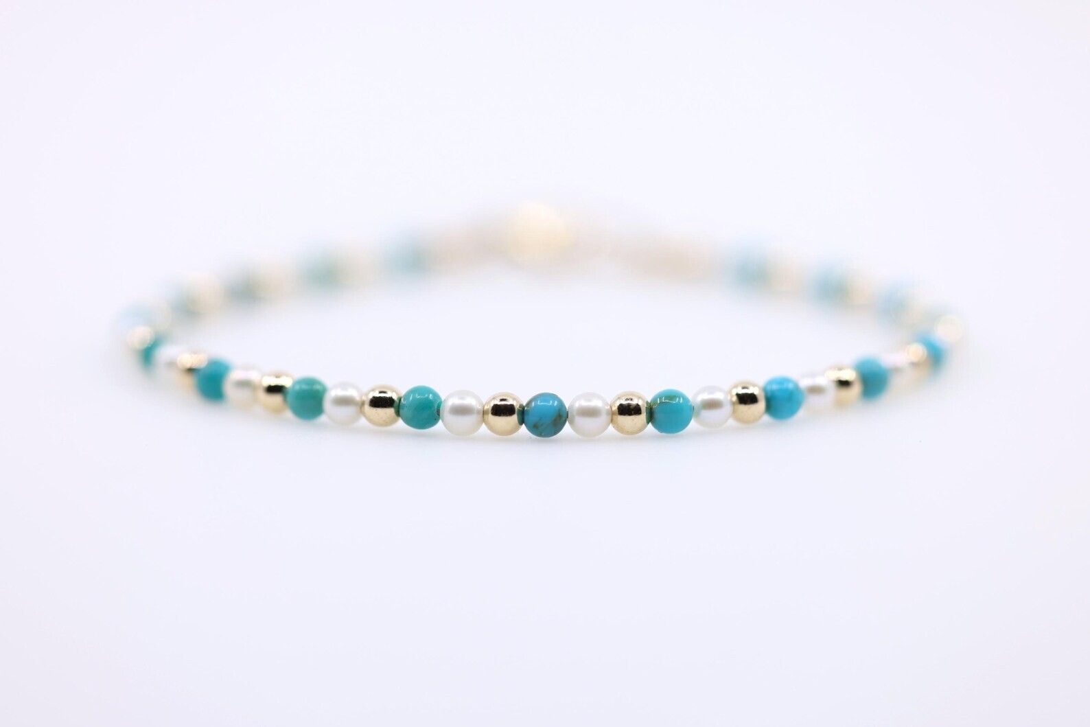 Turquoise & AAAAA+ Pearl Bracelet, 4mm Arizona Turquoise, Gold Filled Findings