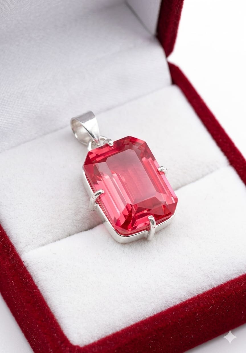 49 Ct A++ Natural Pink Sapphire Emerald Cut 925 Solid Silver Pendant Gemstone