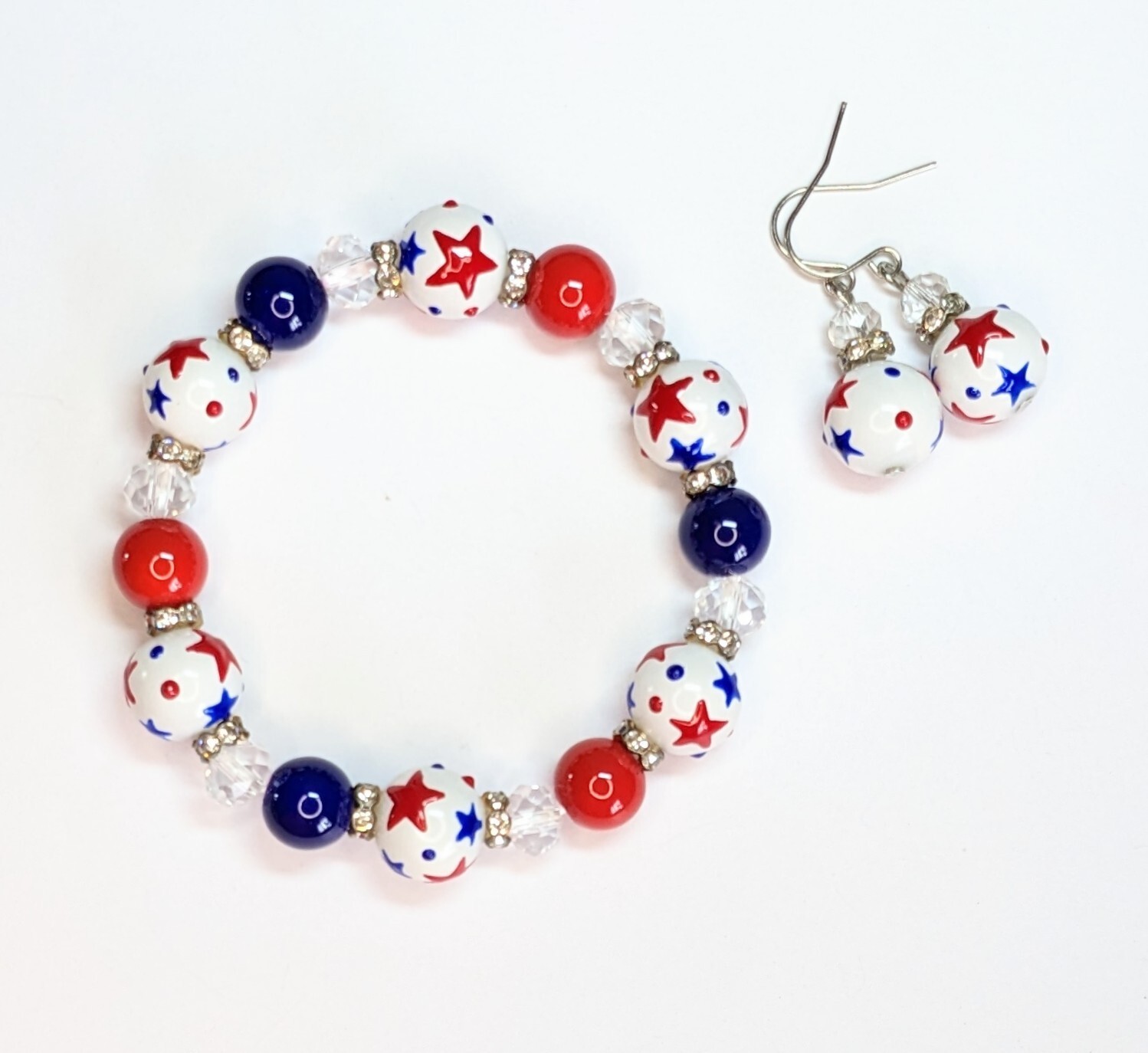 4th of July Bracelet Earring set RWB Stars Beaded Stretch Bracelet Earrings