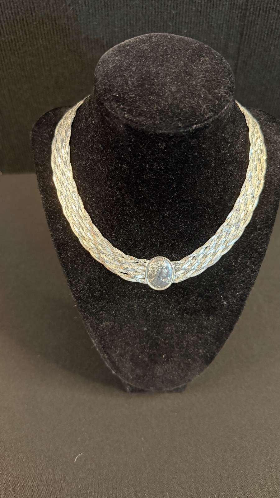 Vintage Italian Milor Sterling Silver Woven Herringbone Cameo Medallion Necklace