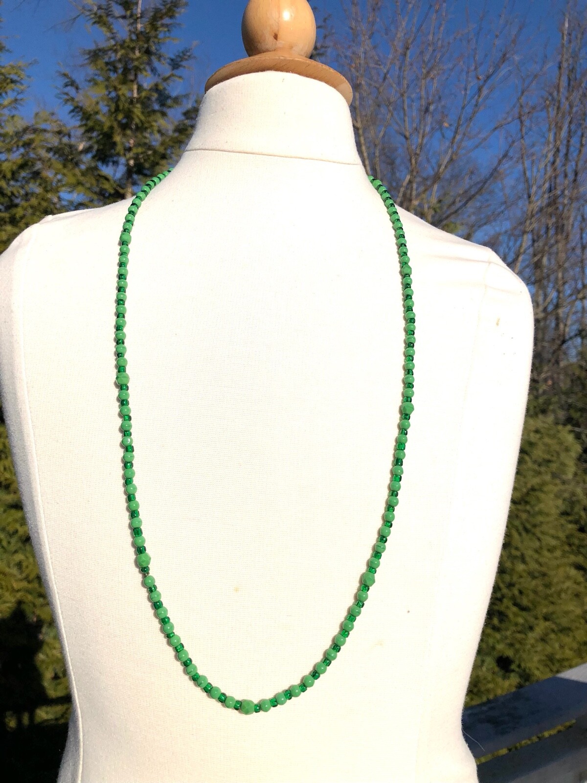 30″ Green Opaque Smooth Marble 1/4″ Bead Necklace Sm Seed Beads Continuous JN22