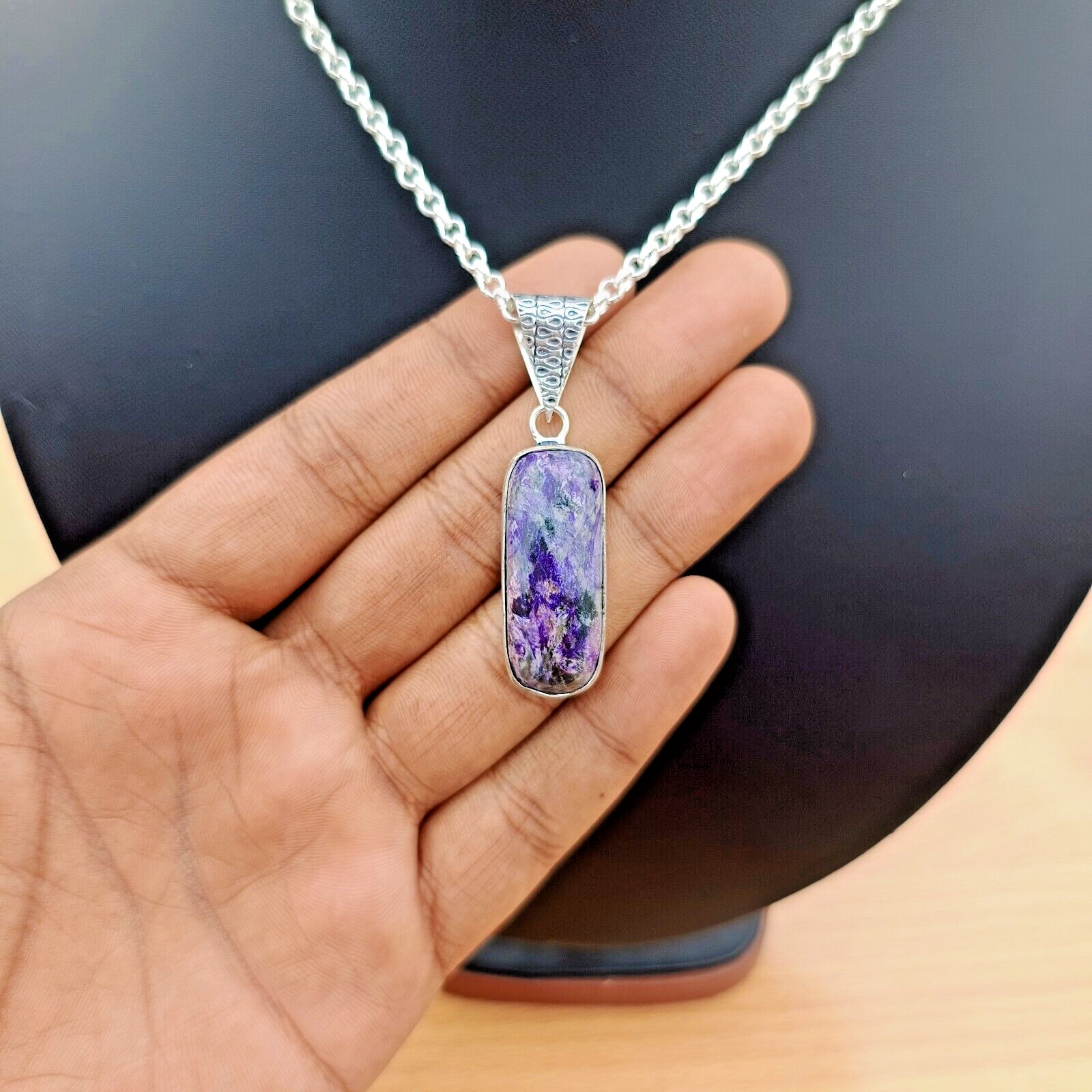 Charoite Pendant 925 Sterling Silver Handmade Natural Bar Gemstone Jewelry Gift