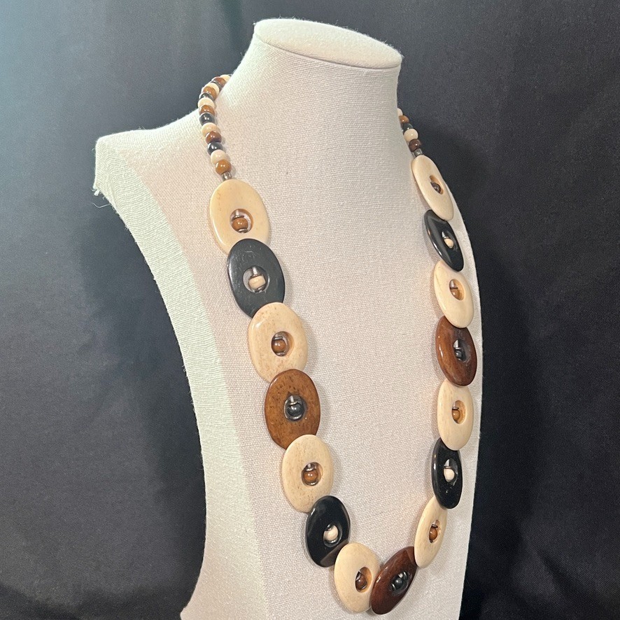 Vintage Bovine Bone & Horn Necklace 23″ Chunky Tribal Style Beads Neutral Earthy