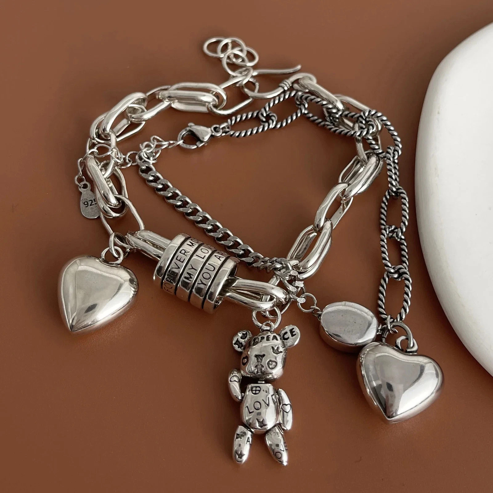 Women’s Vintage Heart Bracelet – Solid 925 Sterling Silver Handmade Jewelry