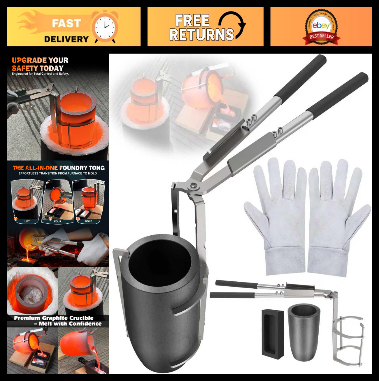 10kg Crucible Tongs Set for Metal Melting & Pouring, Graphite Mold & Gloves, Cas