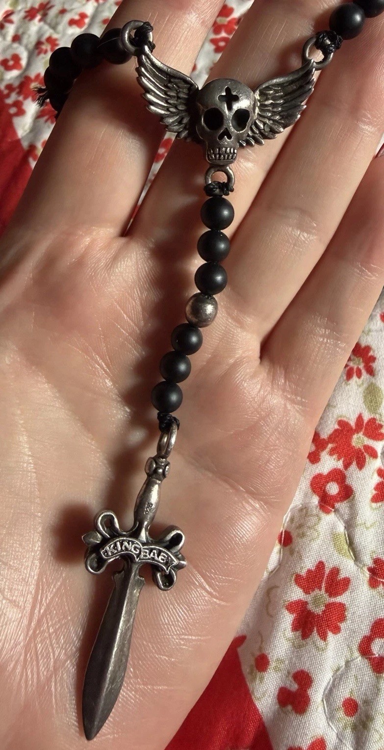 King Baby USA 925 Sterling Silver Skull Wing & Dagger Beaded Necklace