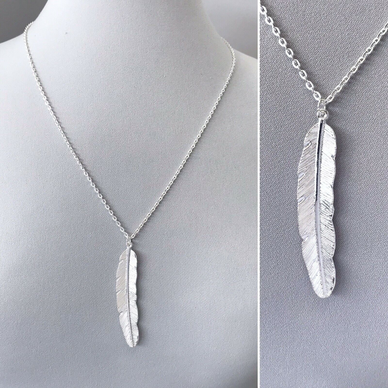 Dainty Long Silver or Gold Finish Chain Necklace Feather Pendant Collar Pl