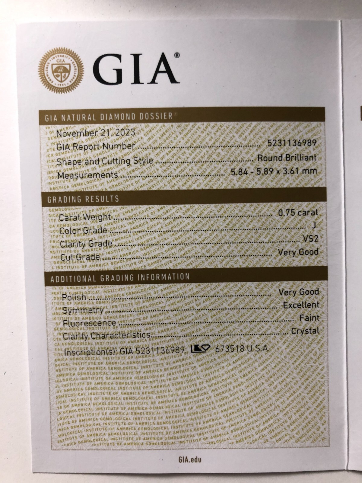 .75 Carat Billiant Round Diamond. GIA J Color. VS2 Clarity. Very Good Cut.