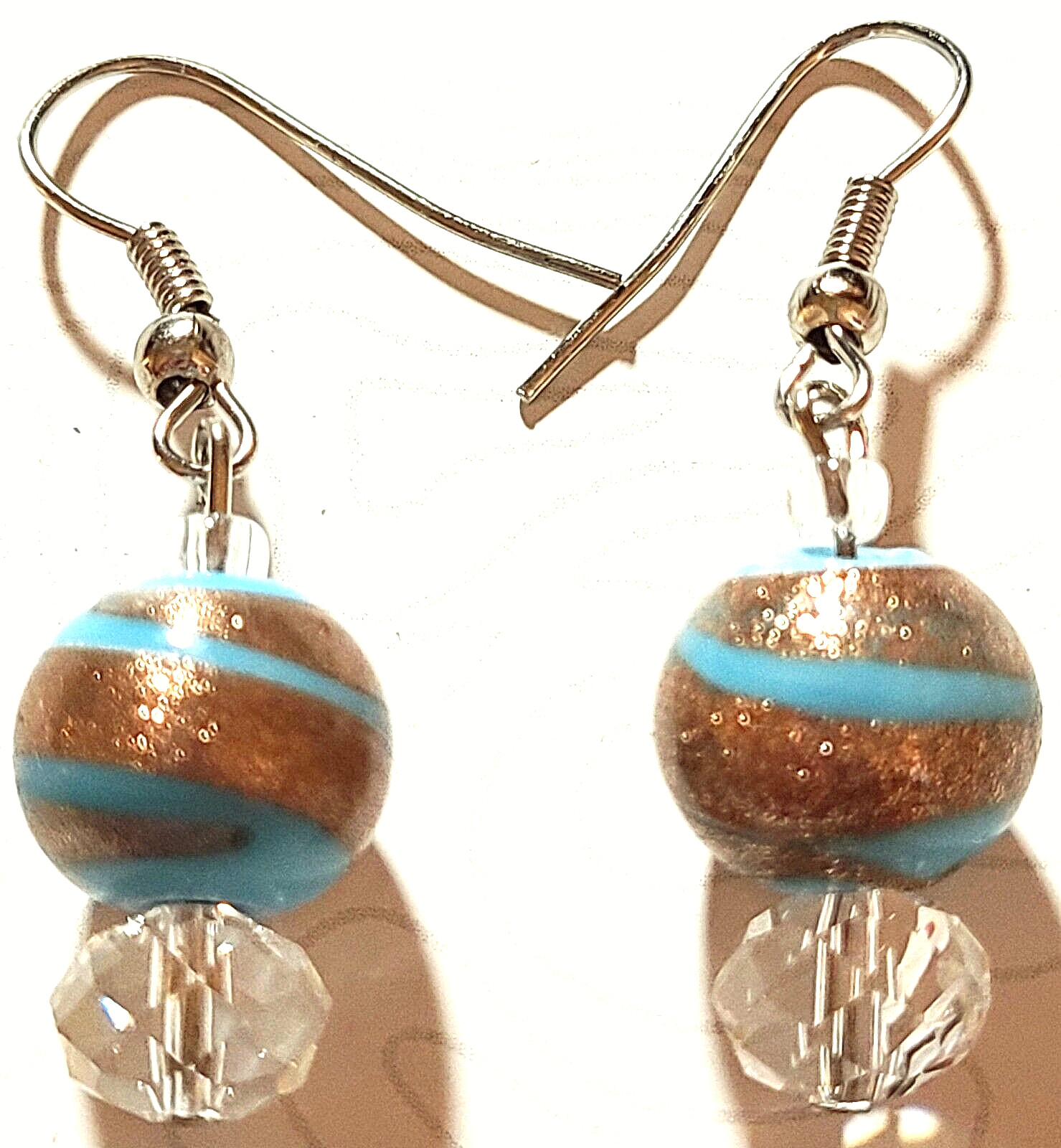 VINTAGE STUNNING SILVER TONE AQUA BLUE COLOR ART GLASS DANGLE PIERCED EARRINGS