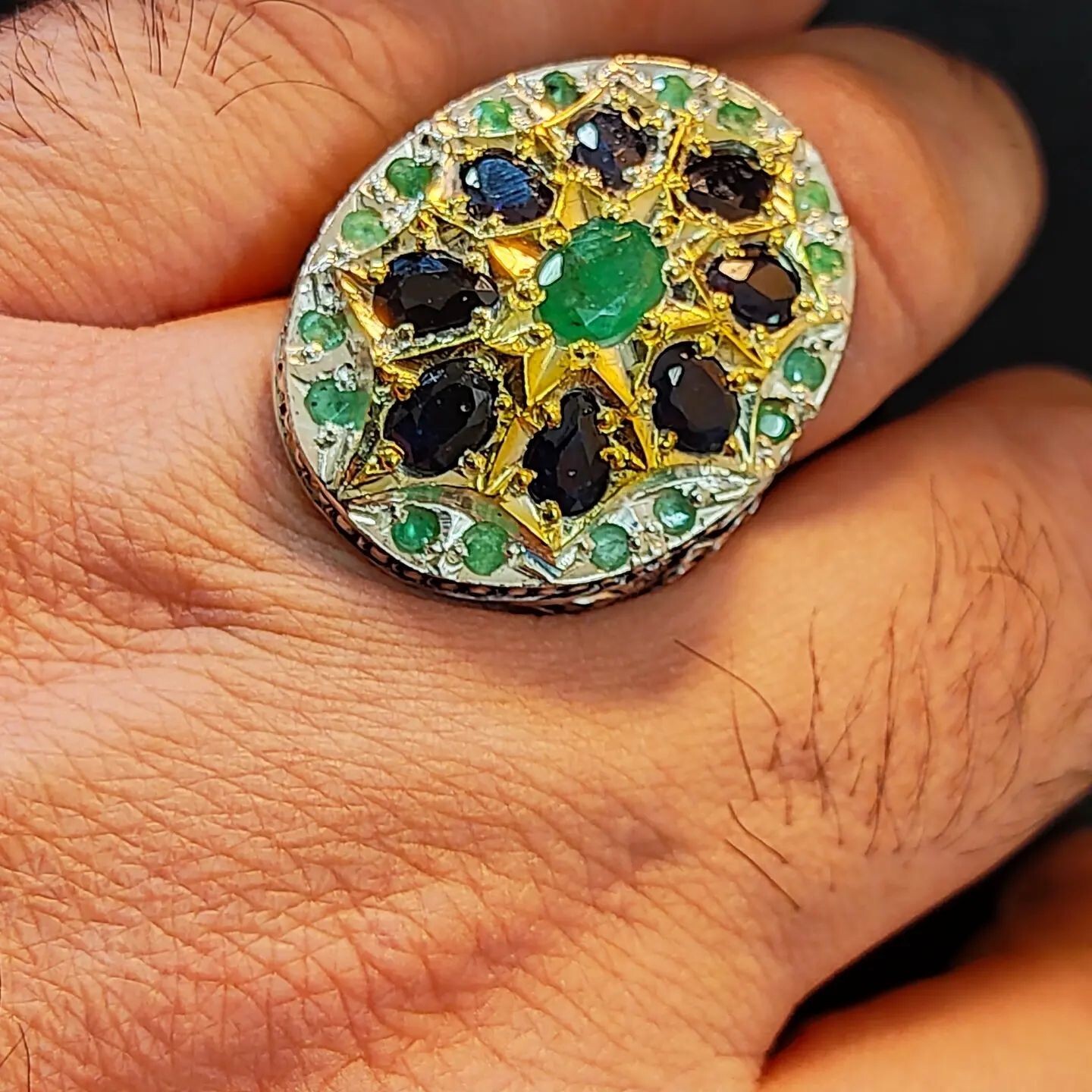 Natural Emerald Stones with Sapphire Stones Ring Multi Stones Handmade Ring